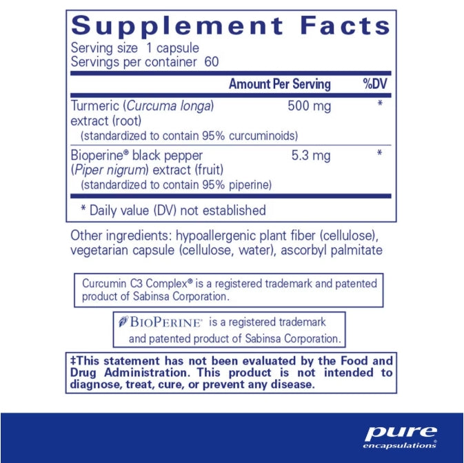 美國Pure Encapsulations 姜黃素+黑胡椒 Curcumin 500 with Bioperine®,60粒 膠囊