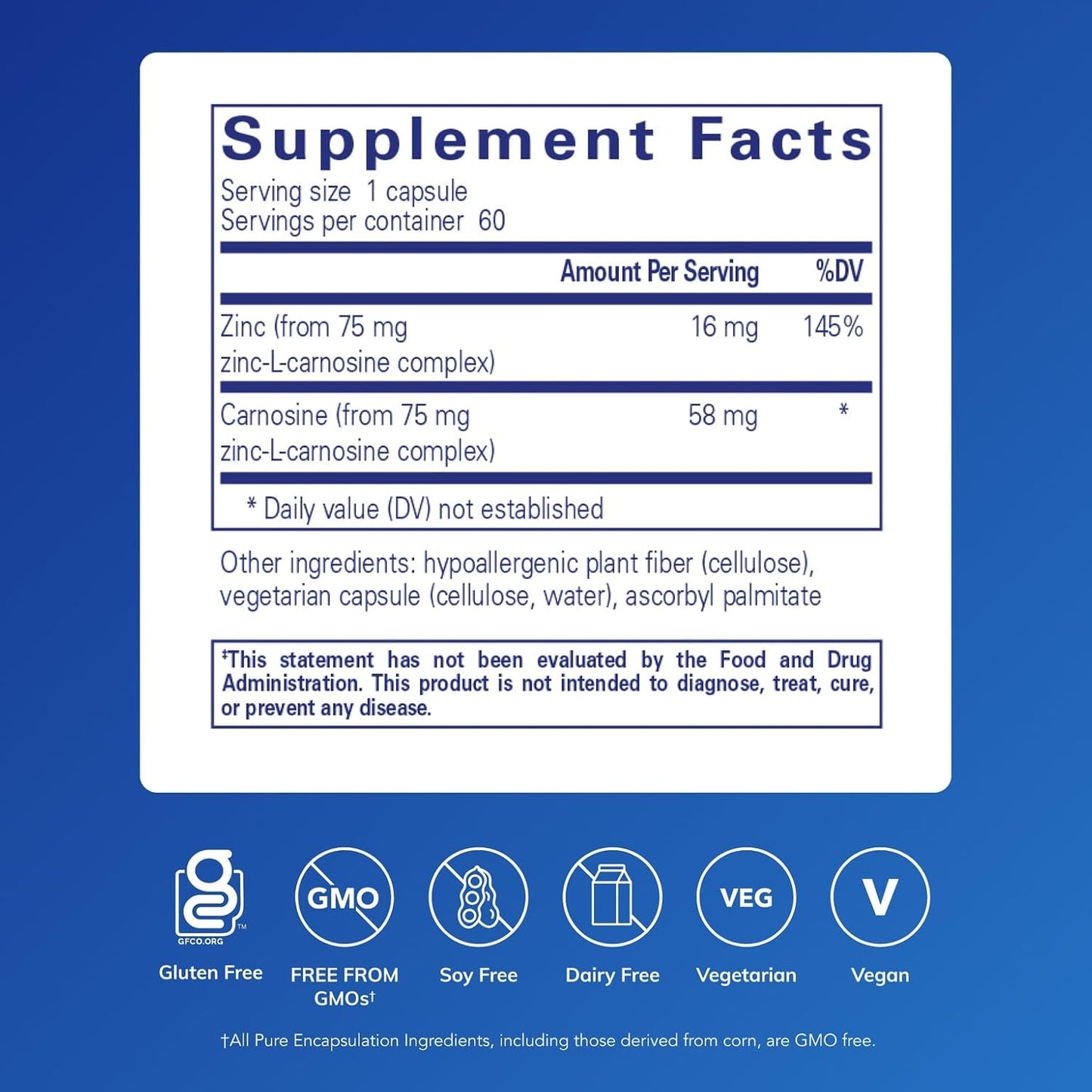 美國Pure Encapsulations 肌肽鋅 Peptic-Care‡ (Zinc-L-Carnosine),60粒 膠囊