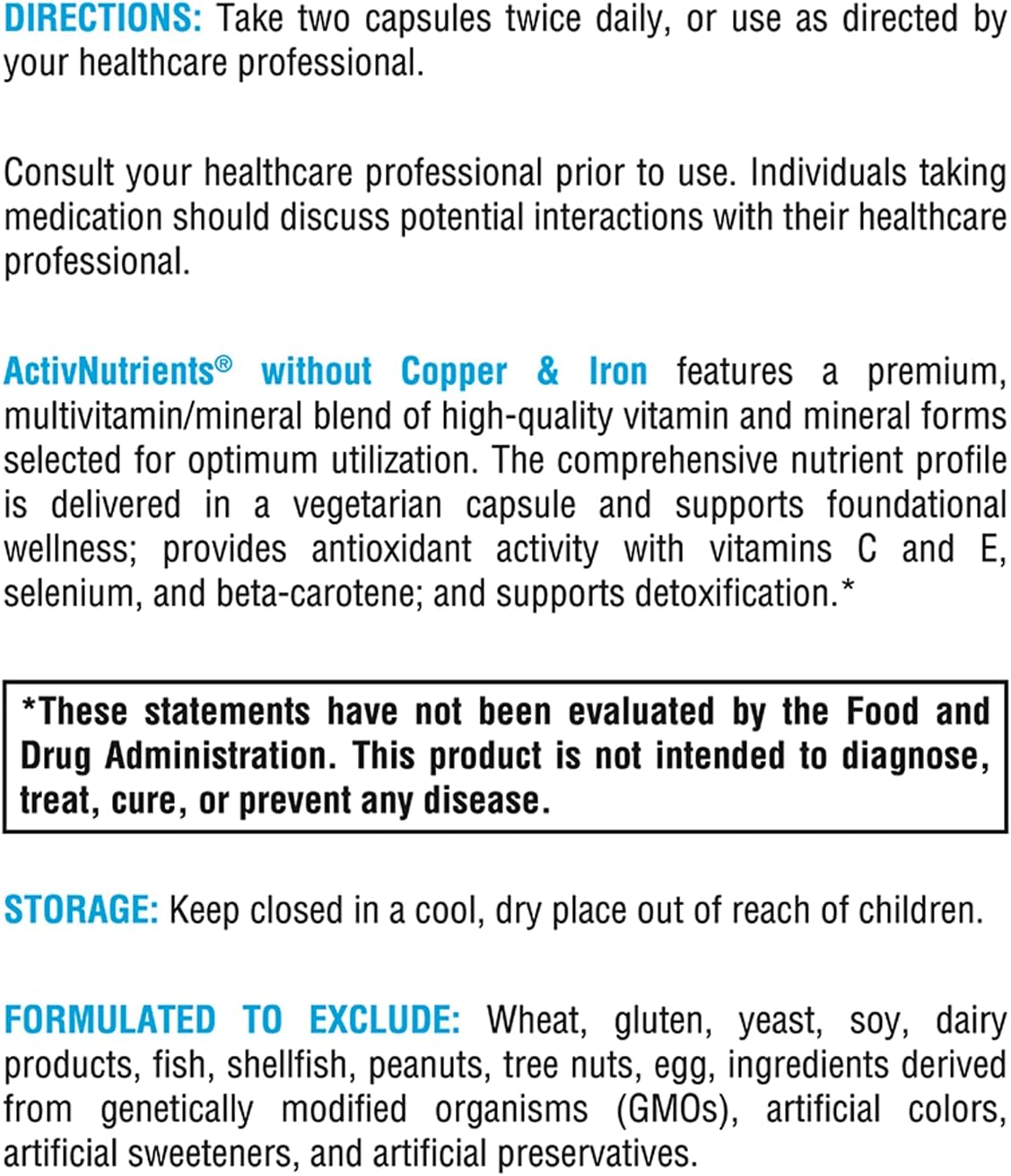 美國XYMOGEN 男女多維 不含銅和鐵 ActivNutrients® Without Copper & Iron,120 粒膠囊