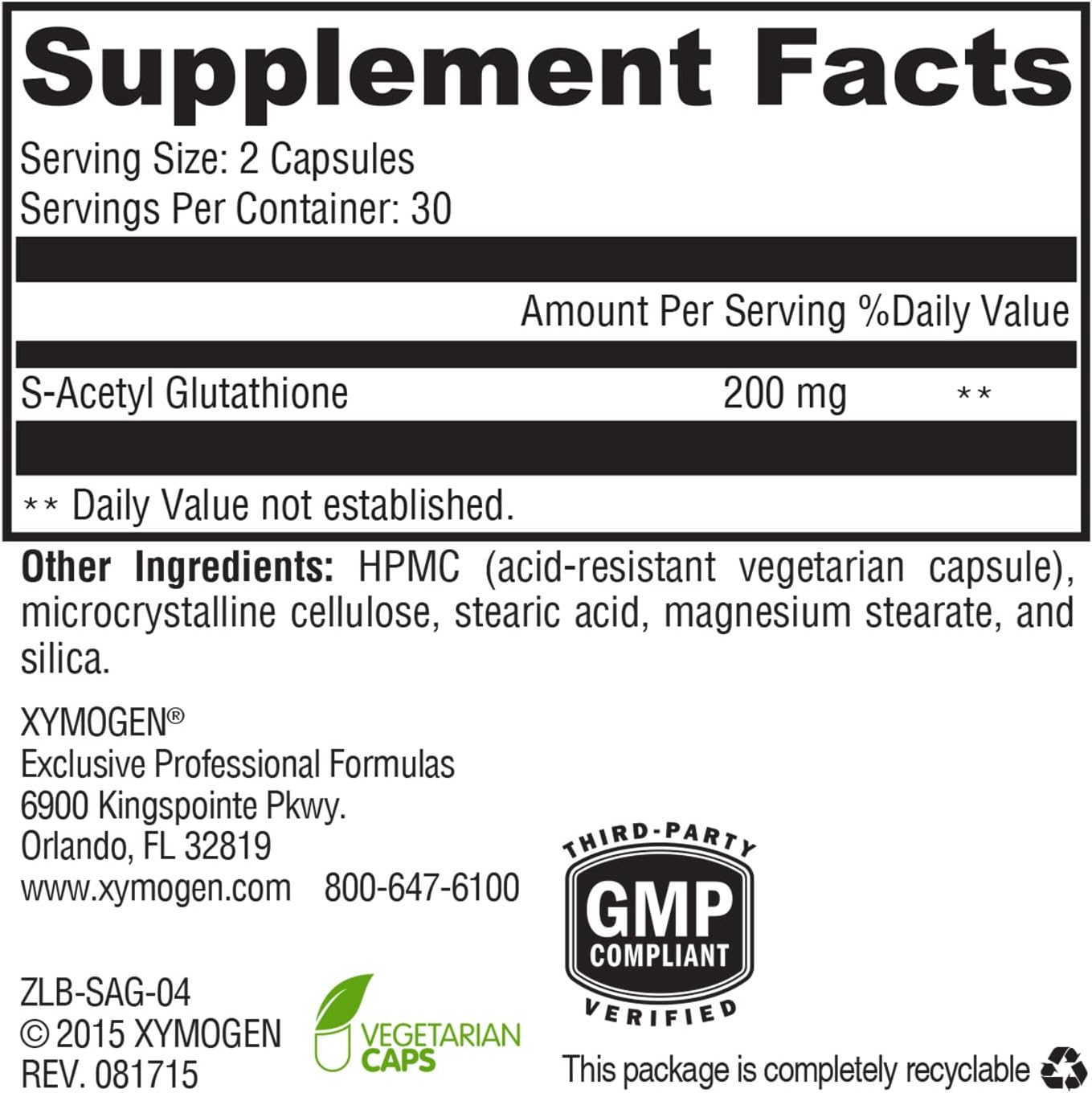 美國XYMOGEN S-乙醯穀胱甘肽 S-Acetyl Glutathione ,60 粒膠囊