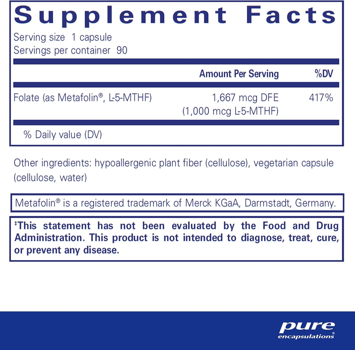 美國Pure Encapsulations 天然活性葉酸 1000mcg Folate 1000 90 粒 膠囊