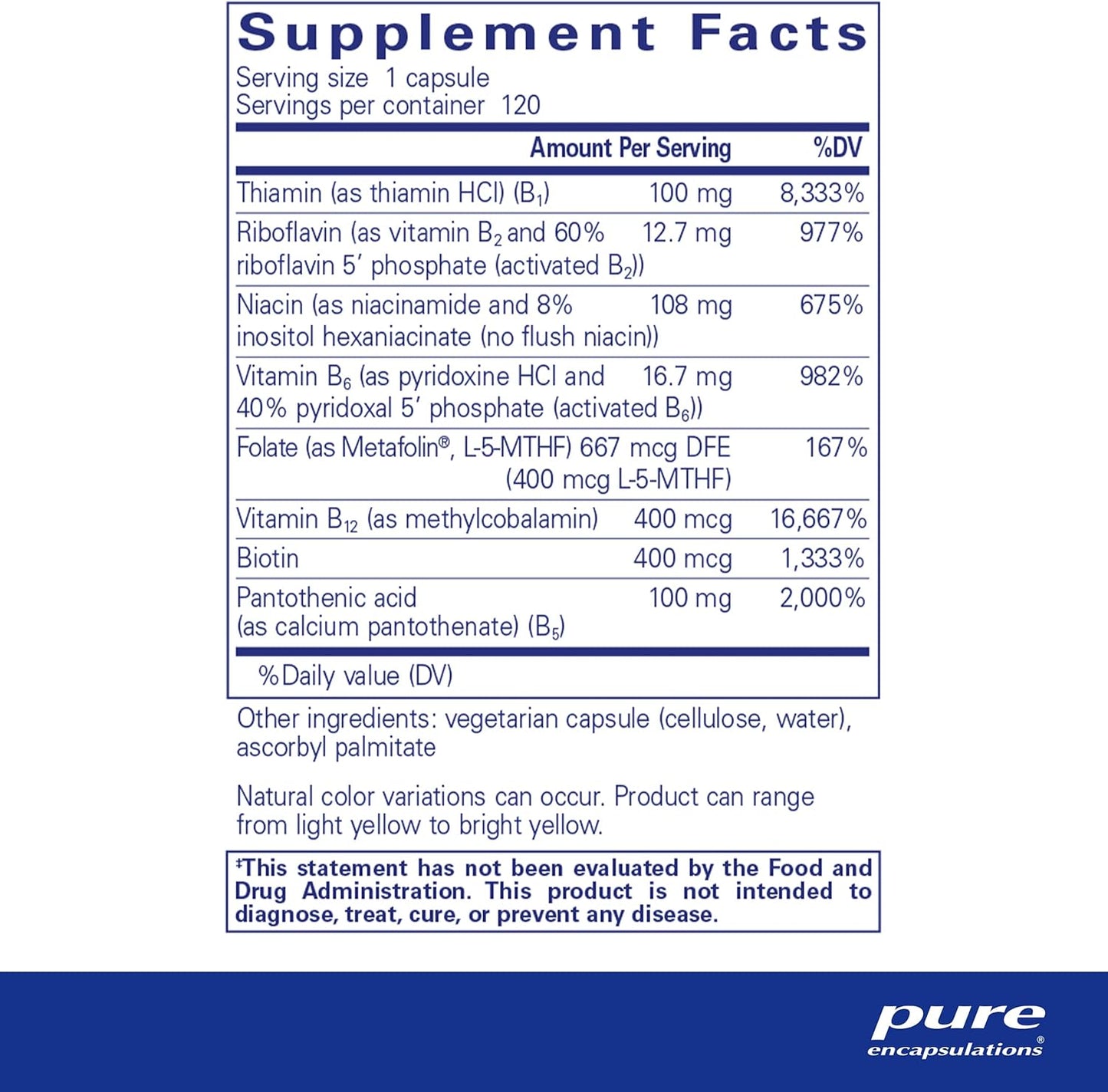 美國Pure Encapsulations 活性維生素補B群 B-Complex Plus 120粒 膠囊