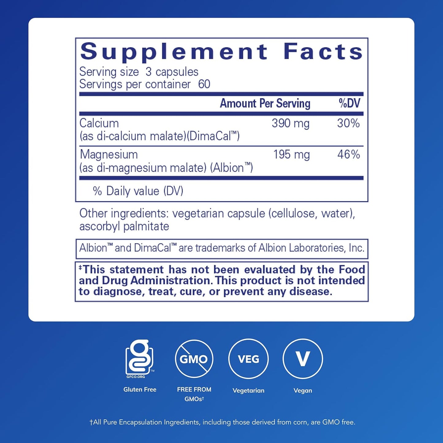 美國Pure Encapsulations 蘋果酸鈣/鎂 2:1 Cal/Mag (Malate) 2:1 180 粒 膠囊