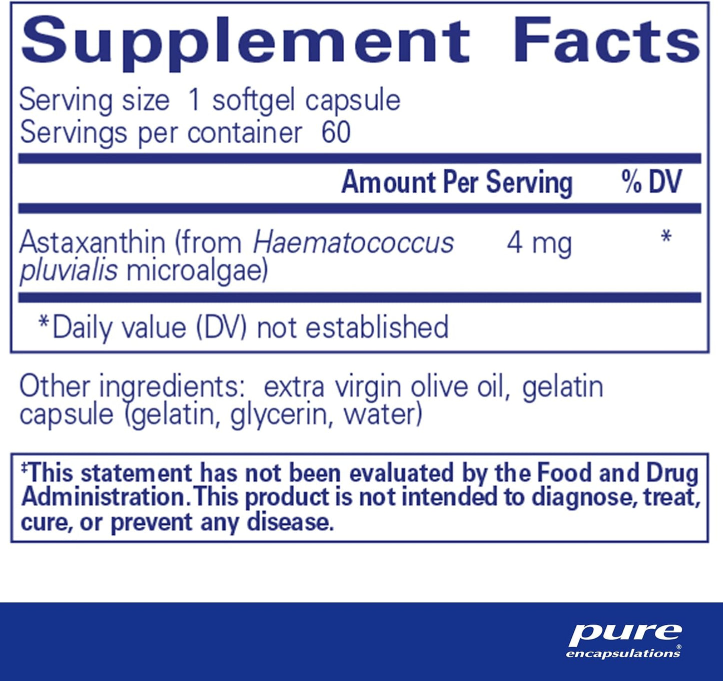 美國Pure Encapsulations -蝦青素 - Astaxanthin - 60粒軟膠囊