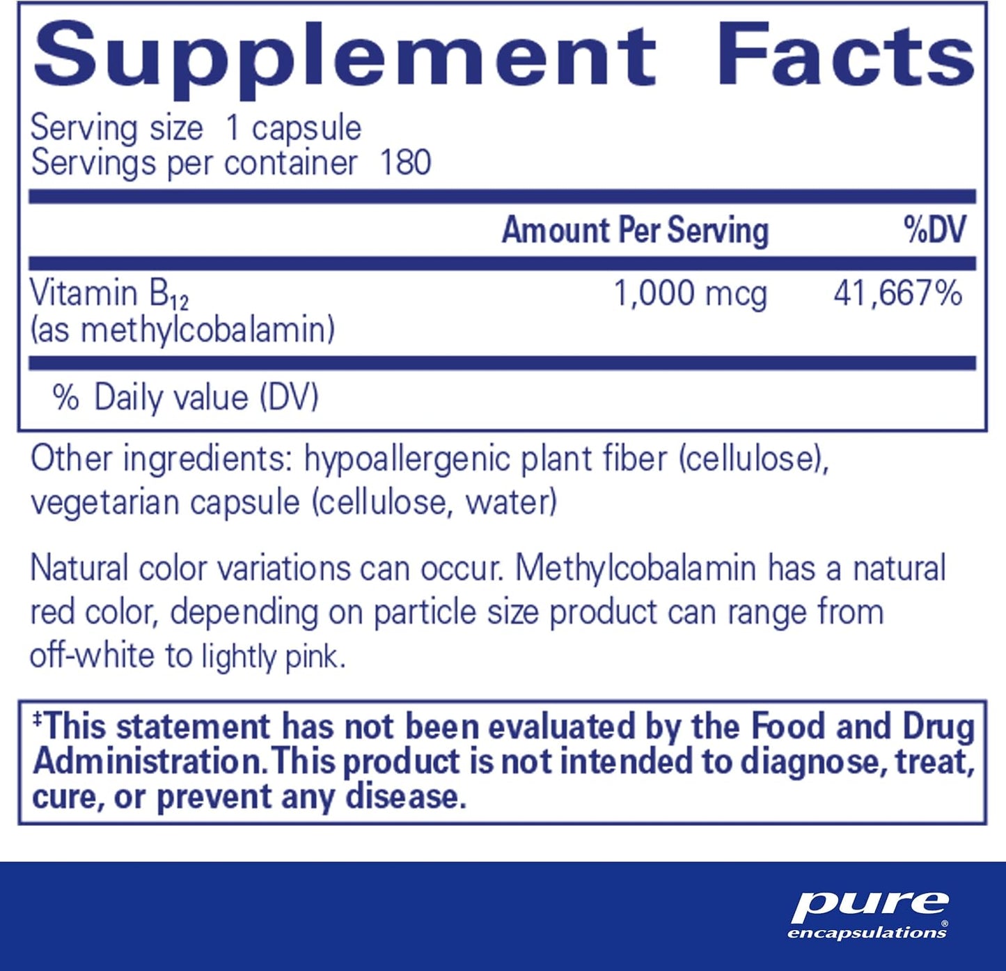 美國Pure Encapsulations 甲鈷胺 B12 1,000 mcg Methylcobalamin 1,000 mcg 180 粒