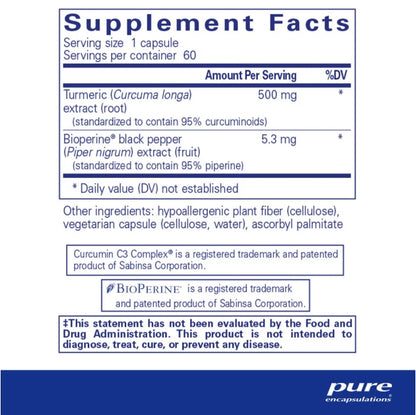 美國Pure Encapsulations 姜黃素+黑胡椒 Curcumin 500 with Bioperine®，60粒 膠囊