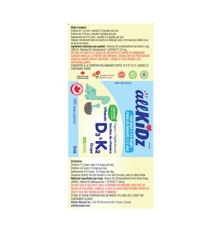 加拿大直送allKiDz 兒童素食版維生素D3+K2滴劑 Vegan Vitamin D3 & K2 Drops, 5 ml