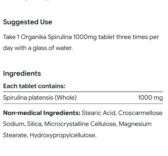 加拿大直送Organika 螺旋藻片 SPIRULINA, 1000 mg, 180 Tablets