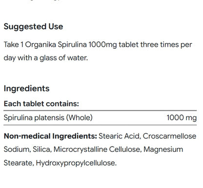 加拿大直送Organika 螺旋藻片 SPIRULINA, 1000 mg, 180 Tablets