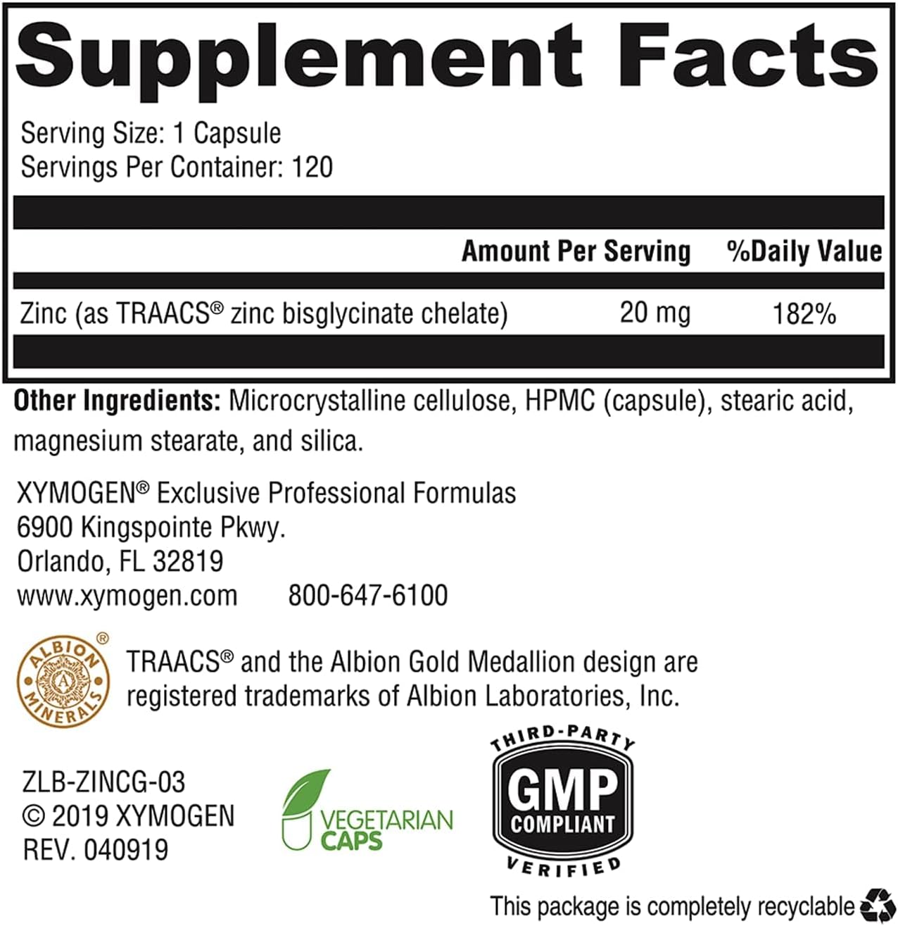 美國XYMOGEN 甘氨酸鋅  Zinc Glycinate，120 粒素食膠囊
