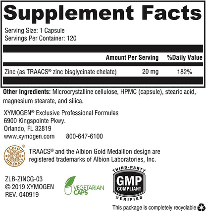 美國XYMOGEN 甘氨酸鋅  Zinc Glycinate，120 粒素食膠囊