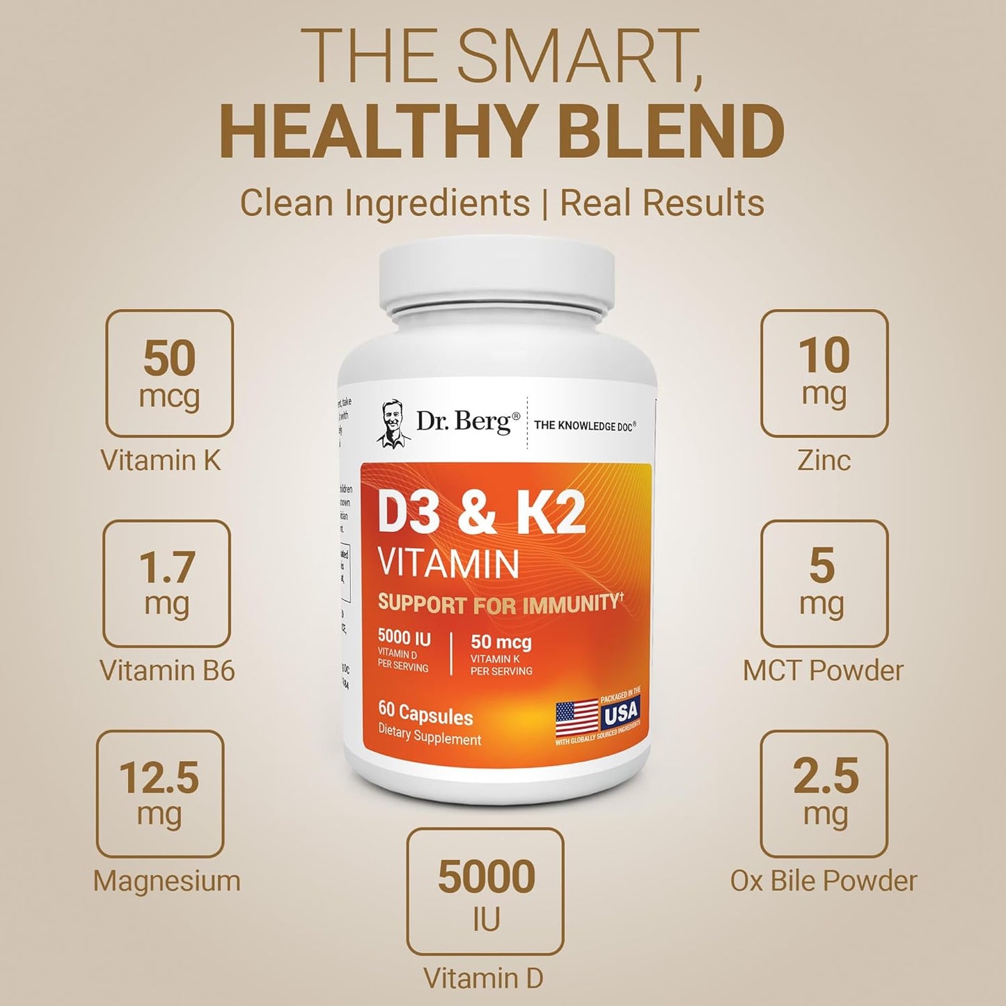 美國Dr. Berg 維生素D3 5000 IU +K2，D3 & K2 Vitamin，60粒膠囊