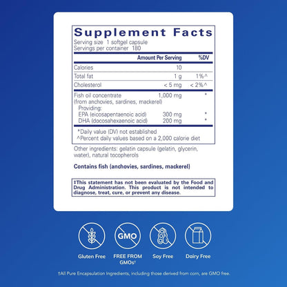 美國Pure Encapsulations 魚油 EPA/DHA Essentials 1000mg，180粒 膠囊