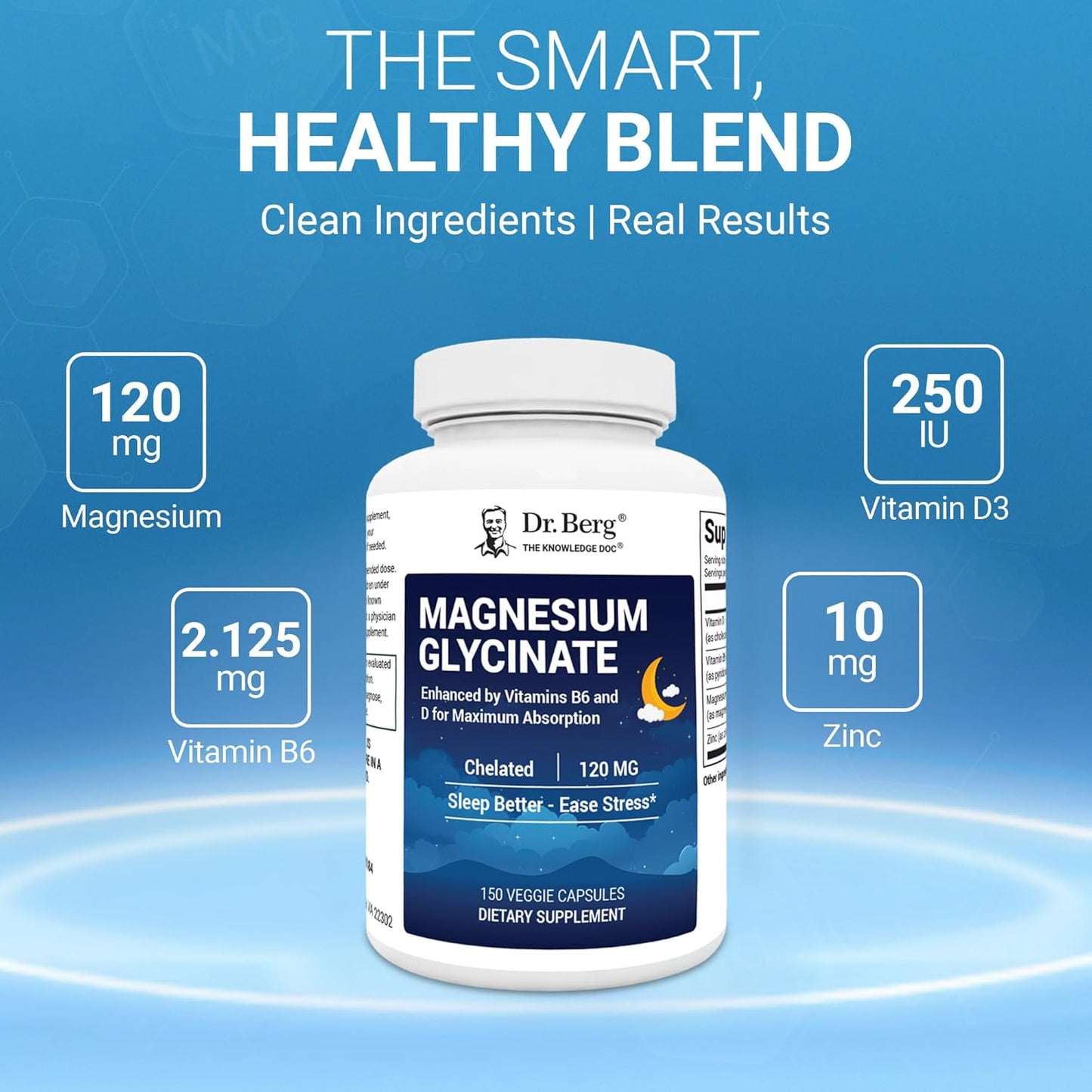 美國Dr. Berg 甘氨酸鎂+維生素D3、B6和鋅 Magnesium Glycinate，150粒胶囊