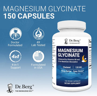 美國Dr. Berg 甘氨酸鎂+維生素D3、B6和鋅 Magnesium Glycinate，150粒膠囊