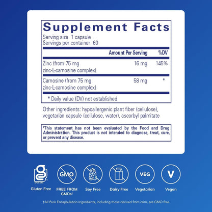 美國Pure Encapsulations 肌肽鋅 Peptic-Care‡ (Zinc-L-Carnosine)，60粒 膠囊