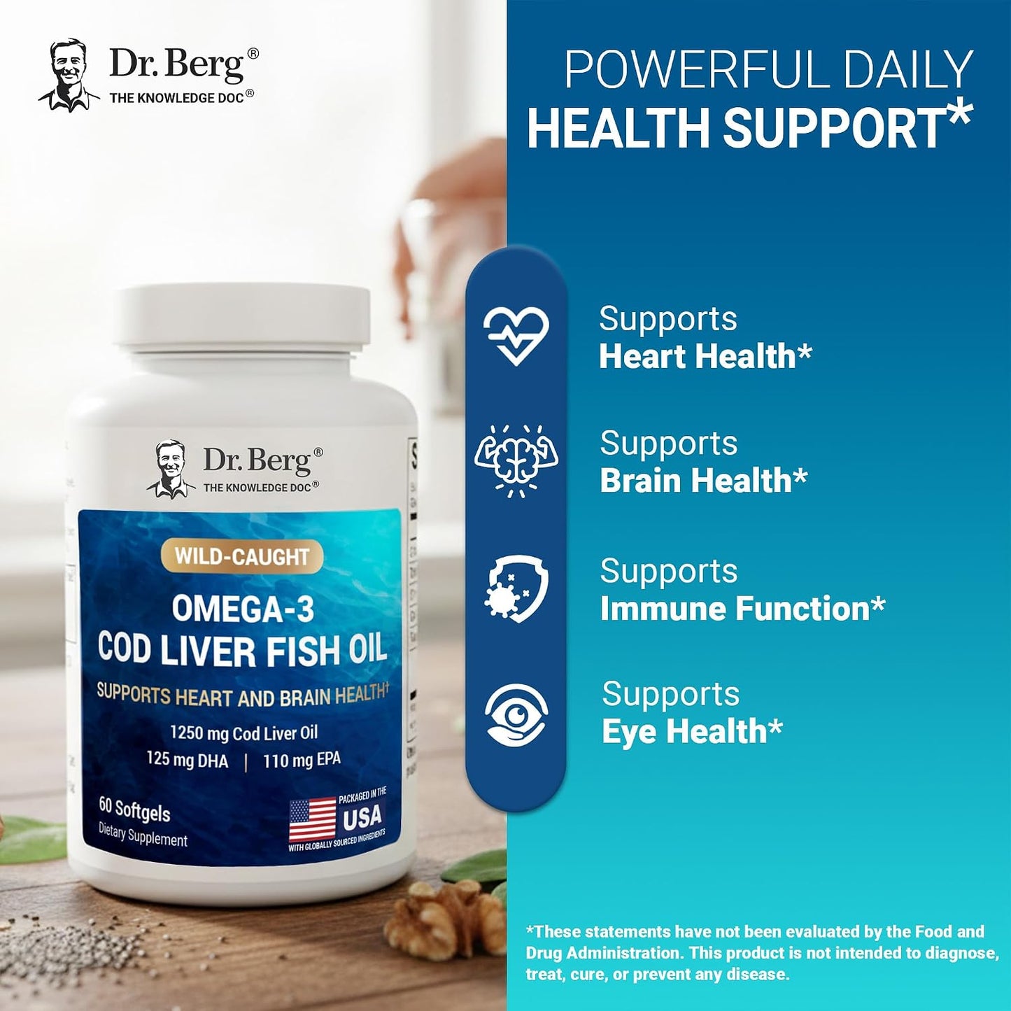 美國Dr. Berg 野生捕撈鱈魚魚肝油  Wild-Caught Omega-3 Cod Liver Fish Oil，60粒膠囊