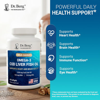 美國Dr. Berg 野生捕撈鱈魚魚肝油  Wild-Caught Omega-3 Cod Liver Fish Oil，60粒膠囊