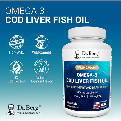 美國Dr. Berg 野生捕撈鱈魚魚肝油  Wild-Caught Omega-3 Cod Liver Fish Oil，60粒膠囊