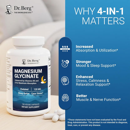 美國Dr. Berg 甘氨酸鎂+維生素D3、B6和鋅 Magnesium Glycinate，150粒膠囊