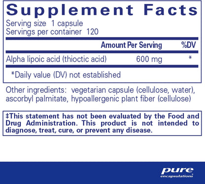 美國Pure Encapsulations  硫辛酸 600 毫克 Alpha Lipoic Acid 600 mg  120粒 膠囊
