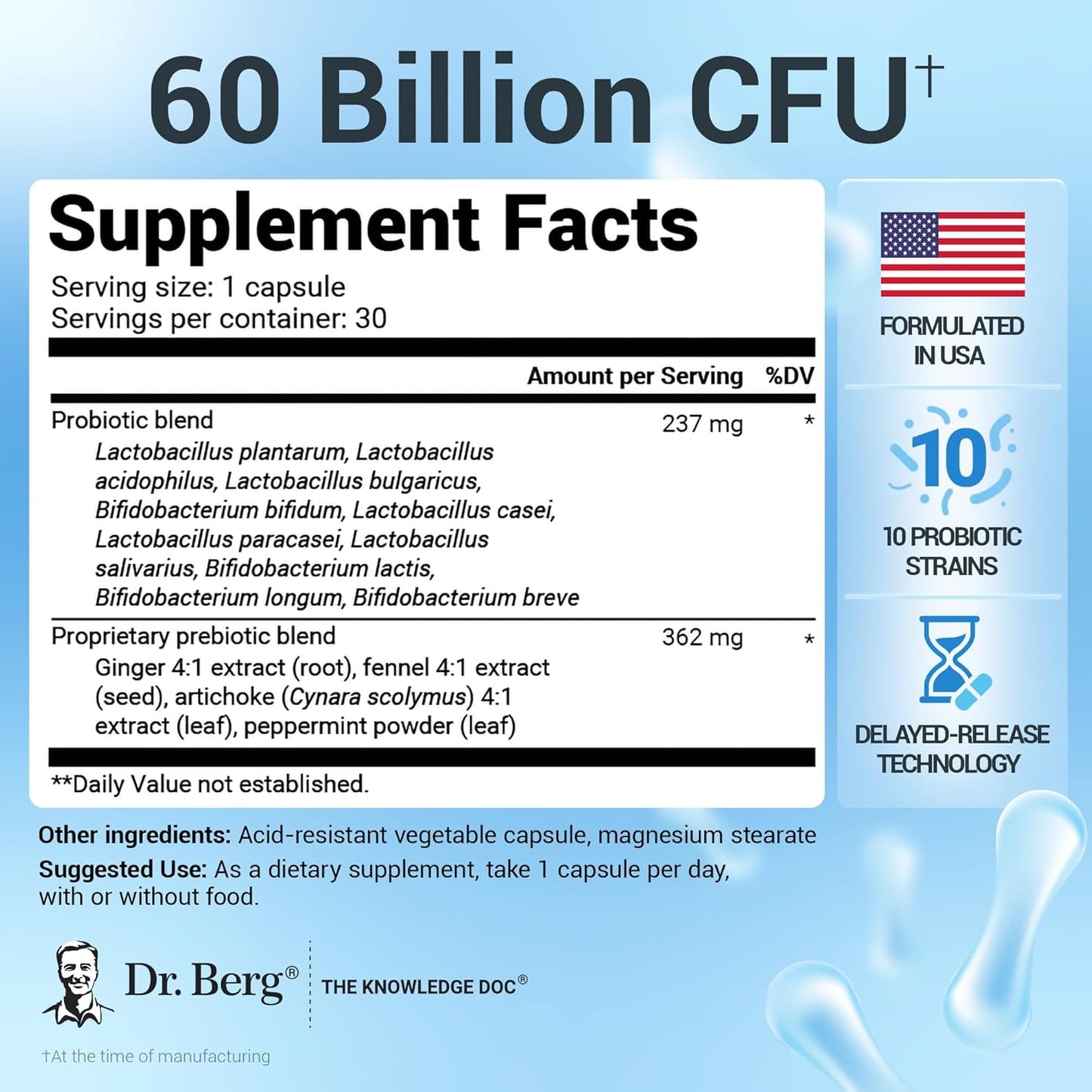 美國Dr. Berg 600億活性益生菌+益生元 Probiotic with probiotics，30粒胶囊