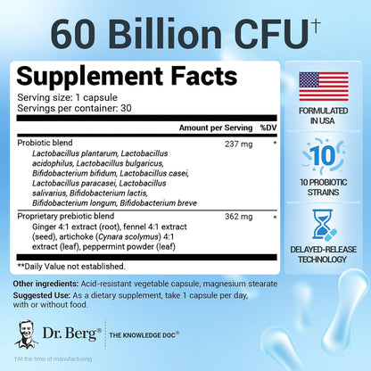 美國Dr. Berg 600億活性益生菌+益生元 Probiotic with prebiotics，30粒膠囊