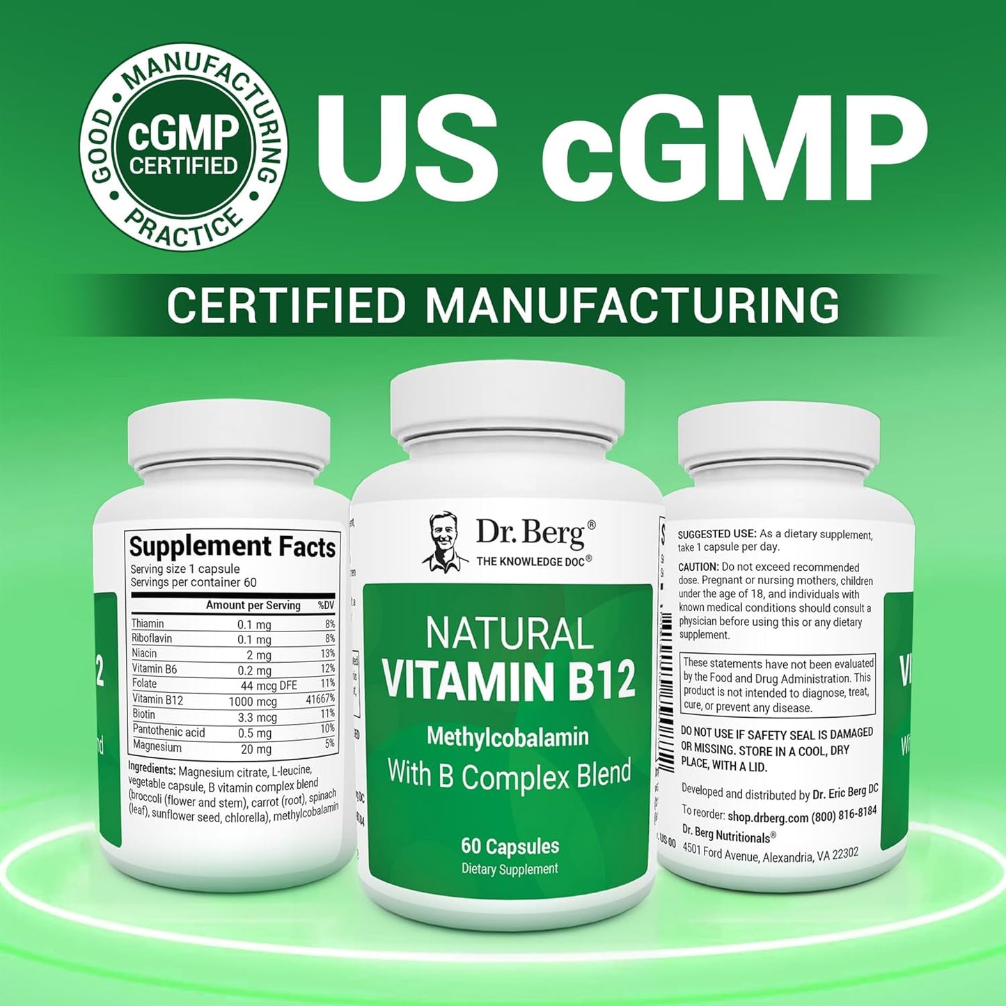 美國Dr. Berg 天然維生素B12 1000 mg 含B群維生素 Natural Vitamin B12，60粒胶囊