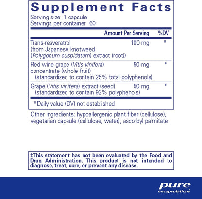 美國Pure Encapsulations 白藜蘆醇强效抗氧化 Resveratrol EXTRA  60 粒膠囊