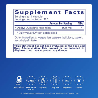 美國Pure Encapsulations N-乙醯-l-半胱氨酸 NAC (N-acetyl-l-Cysteine) 900 mg，120粒 膠囊