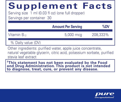 美國Pure Encapsulations 活性維生素B12 5,000 甲鈷胺 液體  B12 5,000 Liquid  1 液體盎司 30 mL