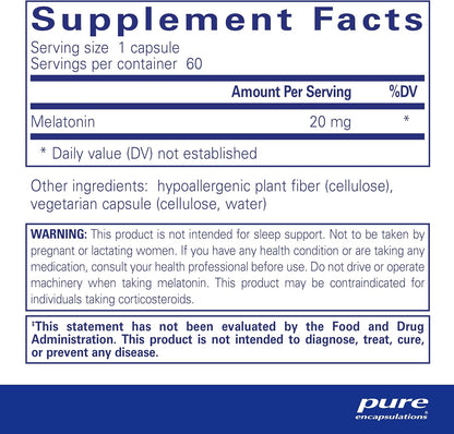 美國Pure Encapsulations 褪黑素 20 毫克  Melatonin 20 mg  60 粒膠囊