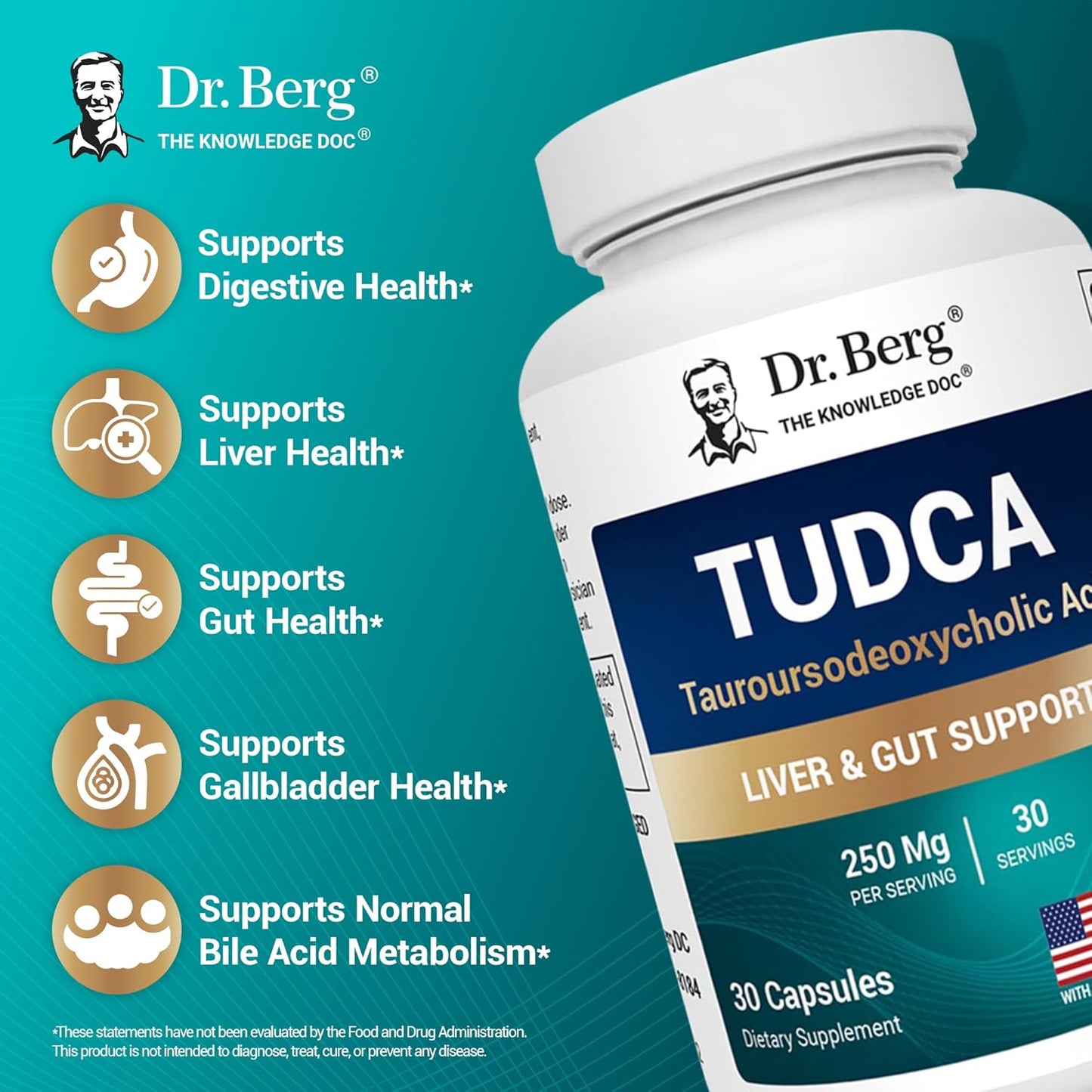 美國Dr. Berg 牛磺熊去氧膽酸 TUDCA 250 mg，30粒胶囊