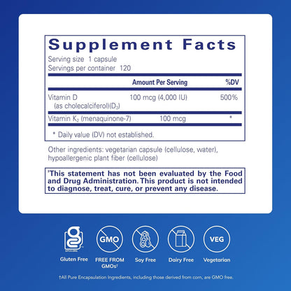 美國Pure Encapsulations  維他命D3 & K2 Vitamin D3 & K2，120 粒 膠囊