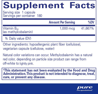 美國Pure Encapsulations  活性甲鈷胺 B12  1,000 mcg Methylcobalamin 1,000 mcg  180 粒